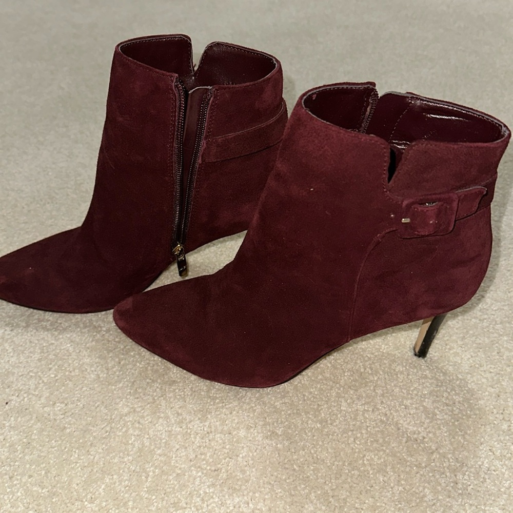 Burgundy ankle boots with gold zipper